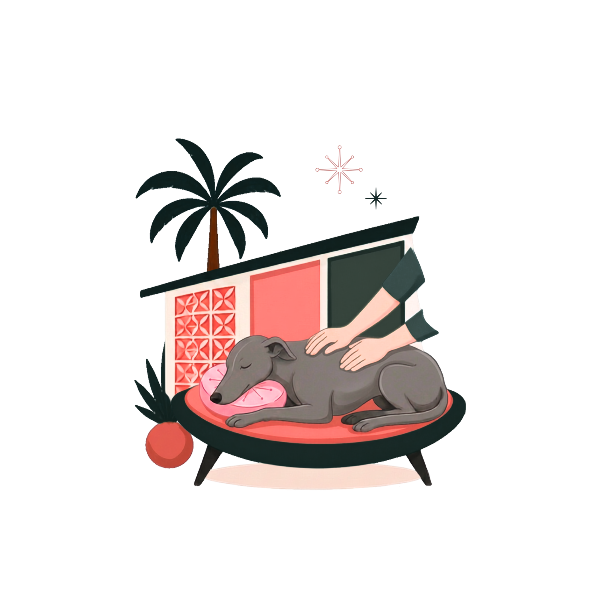The Modernist Dog illustration of a relaxed dog receiving bodywork in a Palm Springs mid-century setting